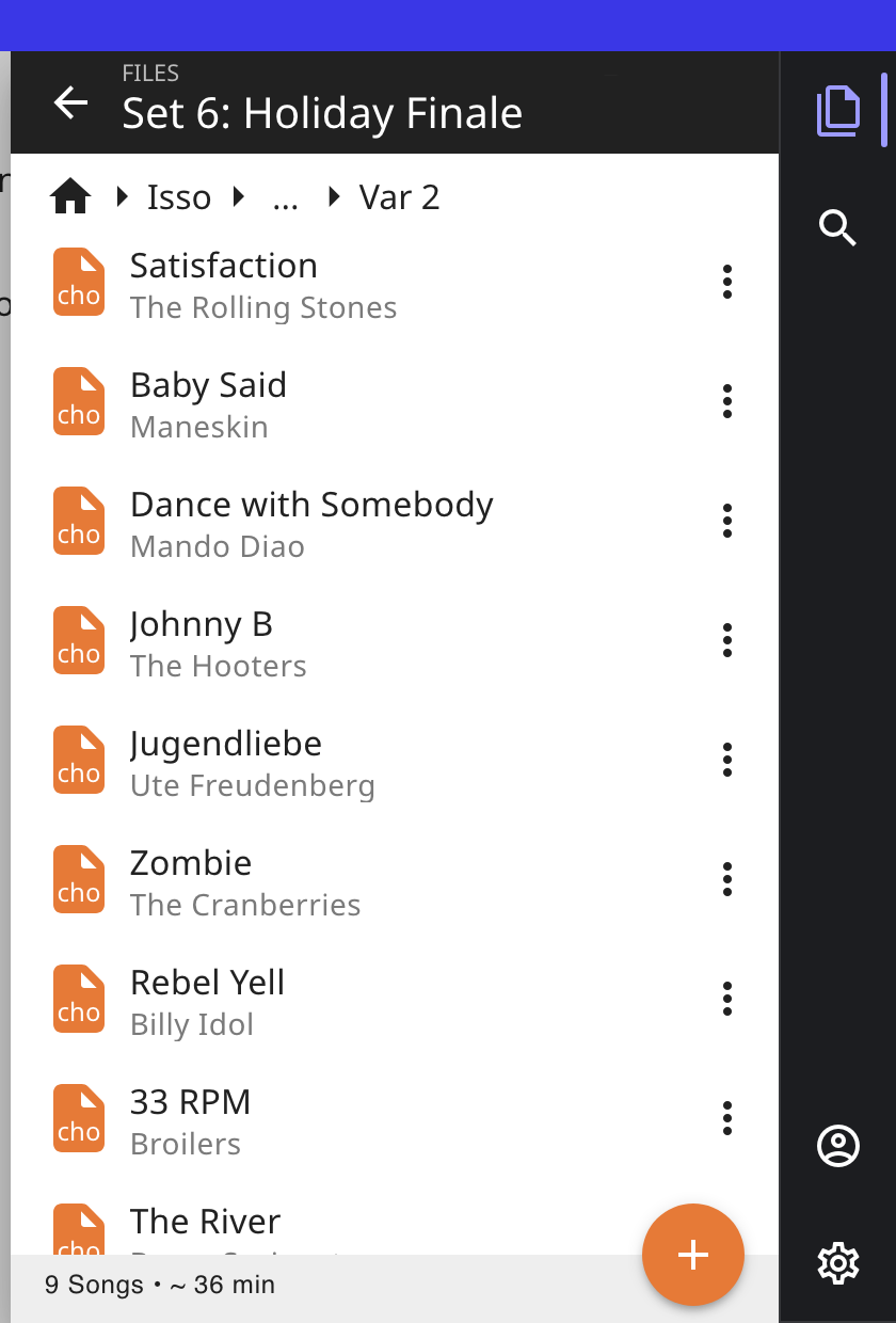 Chordy Setlist mit mehreren Songs