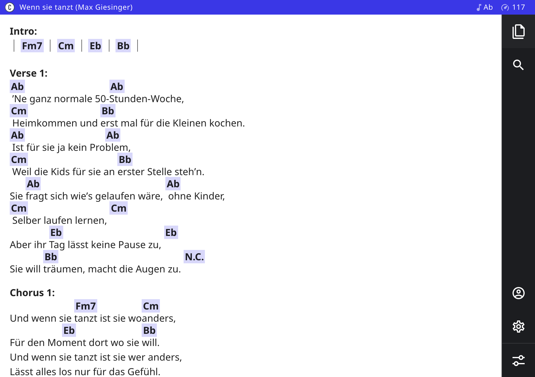 Chordy Songansicht mit Akkorden, Text und Navigationsleiste